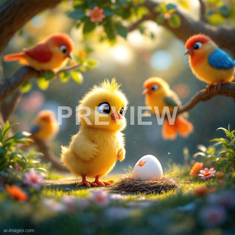 The image features a group of adorable, cartoon-like baby birds with large, expressive eyes perched on thin branches and on the ground. One fluffy yellow chick is standing near a broken eggshell, which has a small crack and a tiny bit of shell missing. The background is softly blurred with warm sunlight filtering through green leaves, creating a cozy, springtime atmosphere.